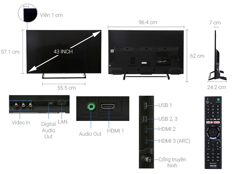 Thông số kỹ thuật Internet Tivi Sony 4K 43 inch KD-43X7000E